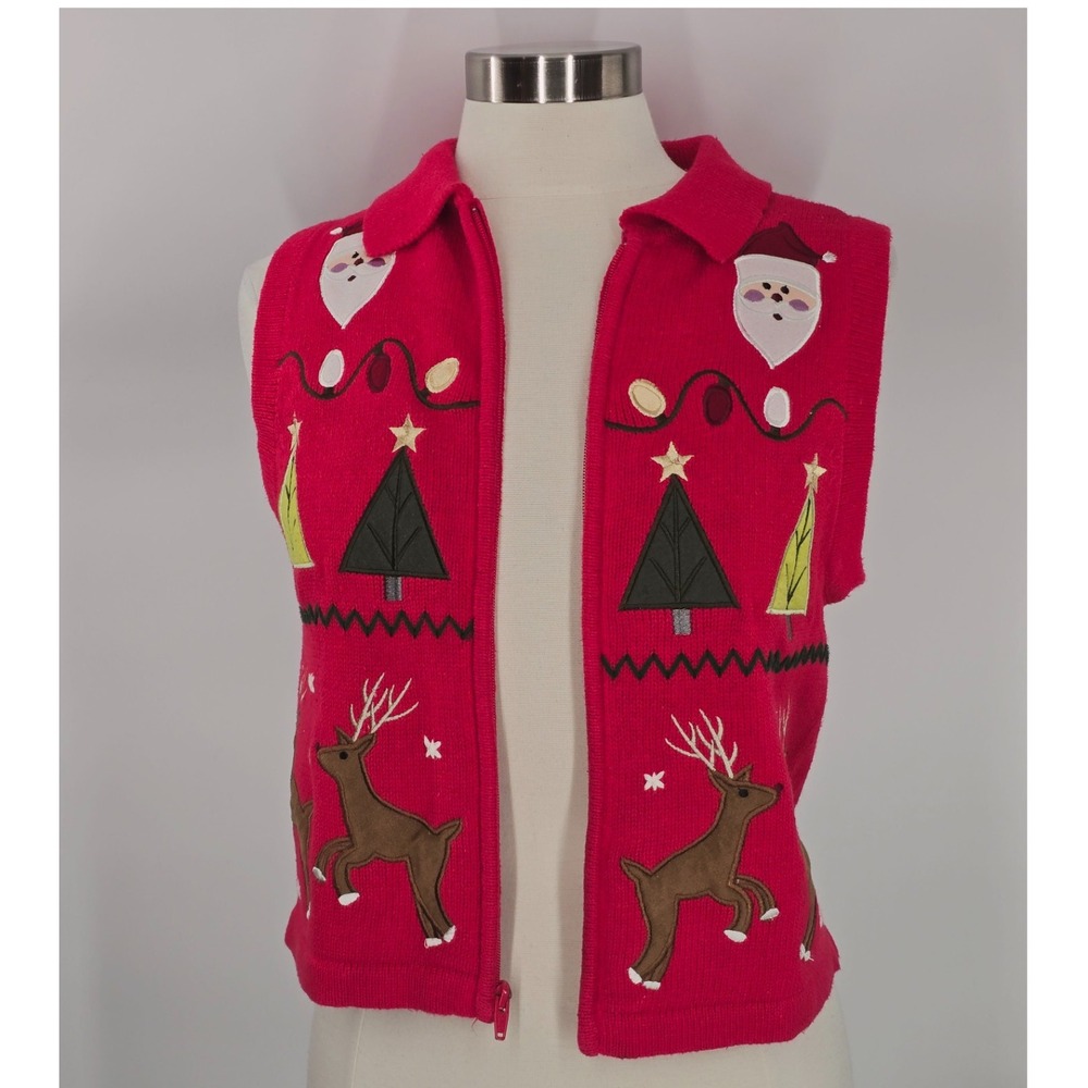 Bechamel Sweater Vest Women PS Red Christmas Santa Reindeer Full Zip Vintage